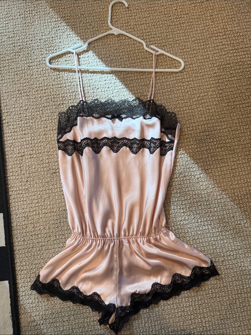 Victoria's Secret Pink Satin Romper with Black Lace Trim